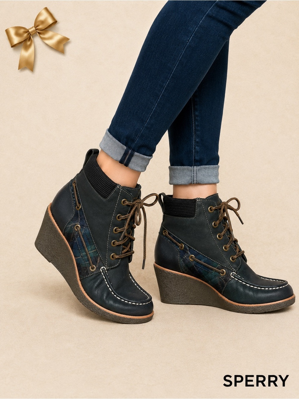 Sperry Top-Sider Waypoint Wedge Ankle Boots Plaid Leather 5M